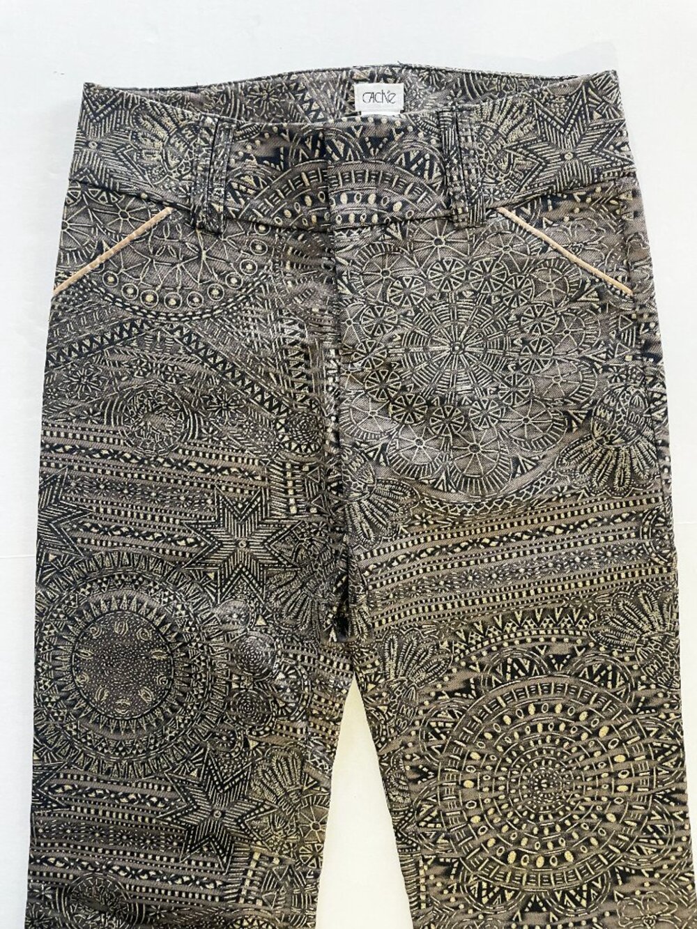 Cache Vintage Textured Gold Embossed Brown Luxe Women's Pants | Size 0 | EUC - Picture 4 of 11